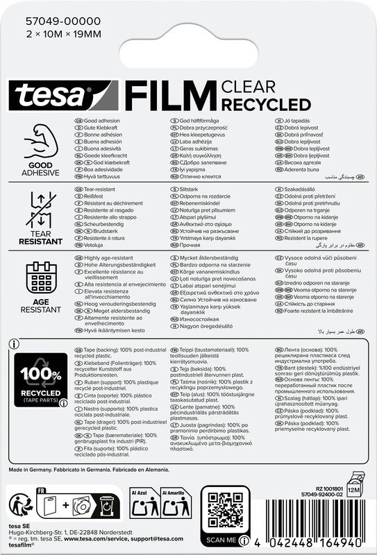 TESA Büro-Klebeband eco & clear – permanent, klar, Kunststoff, 19 mm × 10 m, Kern Ø 26 mm, 2 Rollen