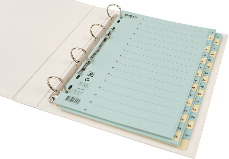 Biella Register – Vollformat, 31-teilig, Karton, mehrfarbig, vorgedruckt, verstärkte Tabs, 11-fach-Lochung, für A4