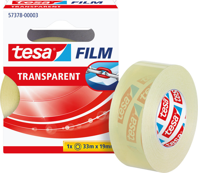 TESA Büro-Klebeband – permanent, klar, Kunststoff, 19 mm × 33 m, Kern Ø 26 mm