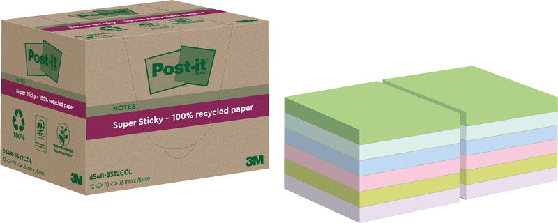 Post-it Haftnotizen Super Sticky – 76×76 mm – sortiert, 12×70 Blatt, PEFC