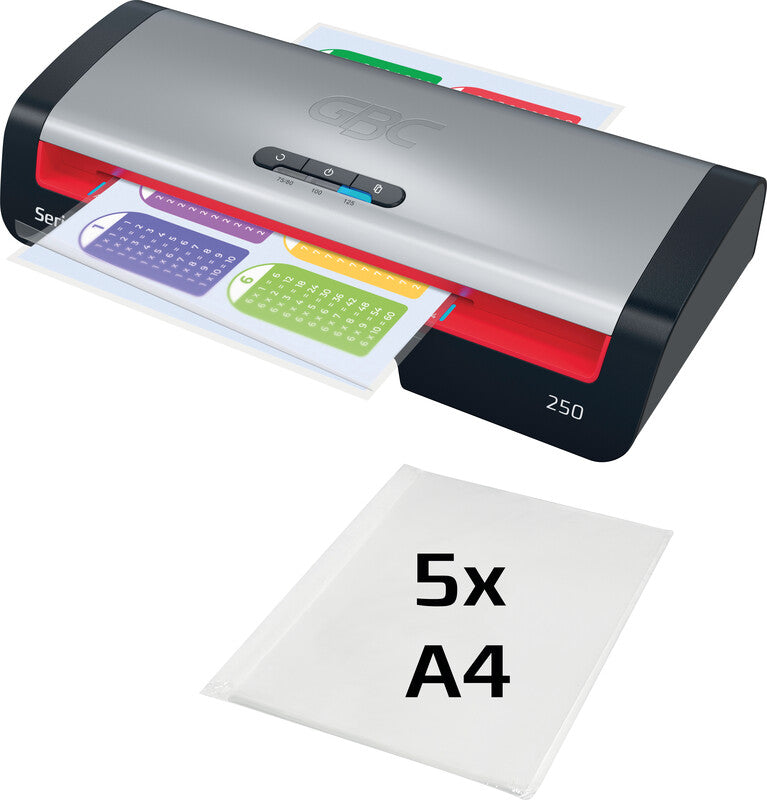 GBC Laminiersystem 250 Laminiergerät A4 – 2-Rollen, 75–125 µm, Aufheizzeit 1 Min., 500 mm/min, Silber