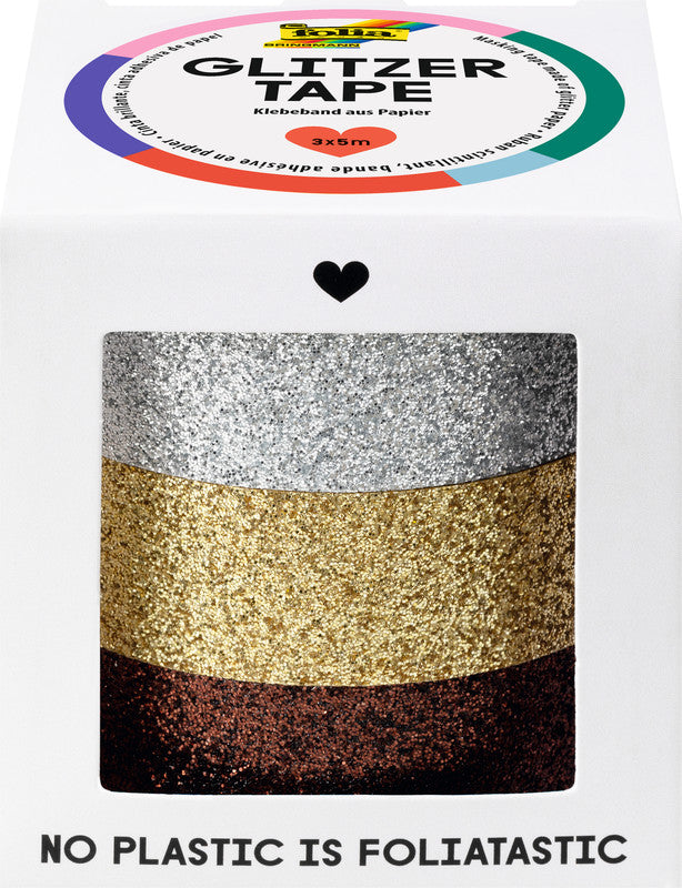 Folia Washi Tape Glitter – wiederablösbar, Kunststoff, 15 mm × 5 m, Silber/Gold/Braun, 3 Rollen