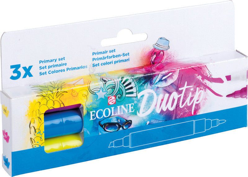 Ecoline Talens Ecoline Brush Pen Duotip – Keilspitze 6 mm, Rundspitze 1-2 mm – sortiert – 3er-Set – wasservermalbar