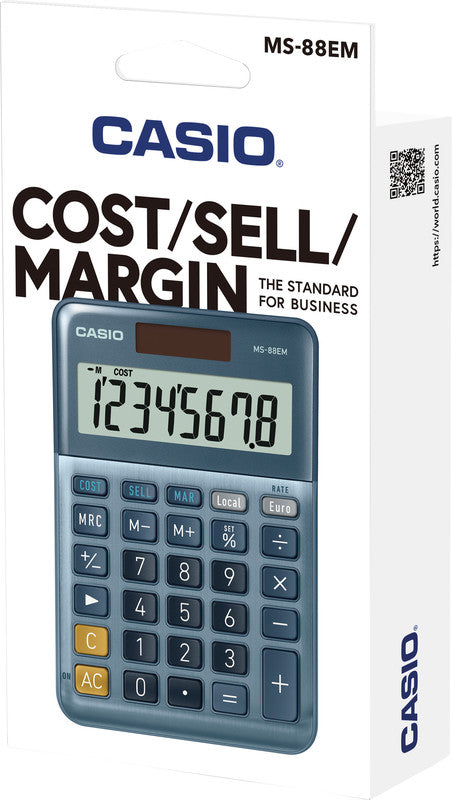 Casio Taschenrechner MS-88EM – 8-stellig, LCD, Steuer/Währung, Solar + Batterie, 101×149×28 mm