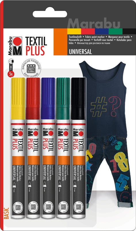Marabu Textilmarker für Textilien – gelb, rot, grün, blau, schwarz, 5er Set
