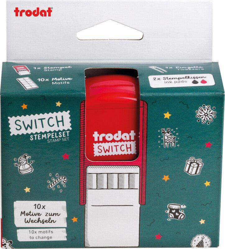 Trodat Weihnachts-Motivstempel – selbstfärbend, 10 Textplatten, 19 × 19 mm, 2 Kissen (rot/schwarz), Englisch