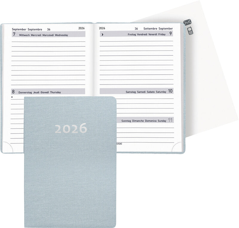 Biella Agenda – 2 Tage pro Seite, gebunden, 8,5 × 12,5 cm, Jan–Dez, 2026, hellblau, FSC