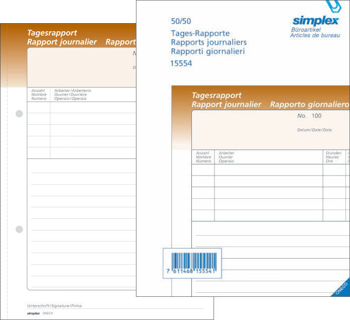 Simplex Formularblock – Tages-Rapporte, mehrsprachig, 50 Blatt, A6