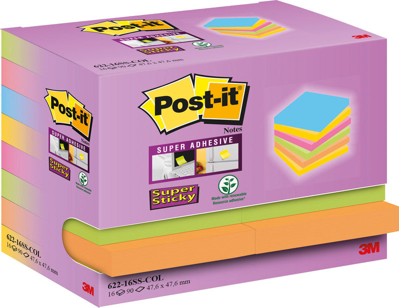 3M Post-it Super Sticky Haftnotizen – 47,6×47,6 mm – sortiert, 16×90 Blatt, PEFC