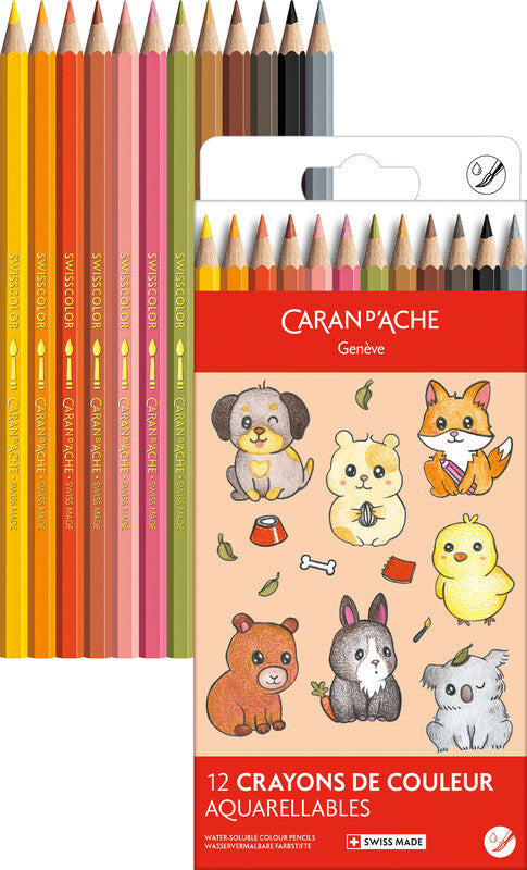 Caran d-Ache Caran d’Ache Swisscolor Aquarelle Aquarellfarbstifte – 12 Farben, lichtecht, Ø 2,8 mm, Karton