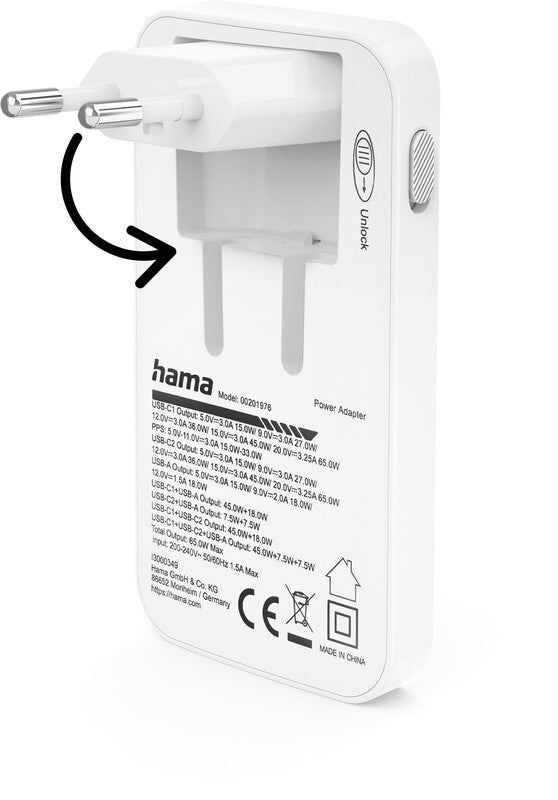 Hama 00201976 USB-Ladegerät 65 W – USB-C×2, USB-A×1 – PD, QC, GaN – für Laptop, Powerbank, Smartphone u. a.