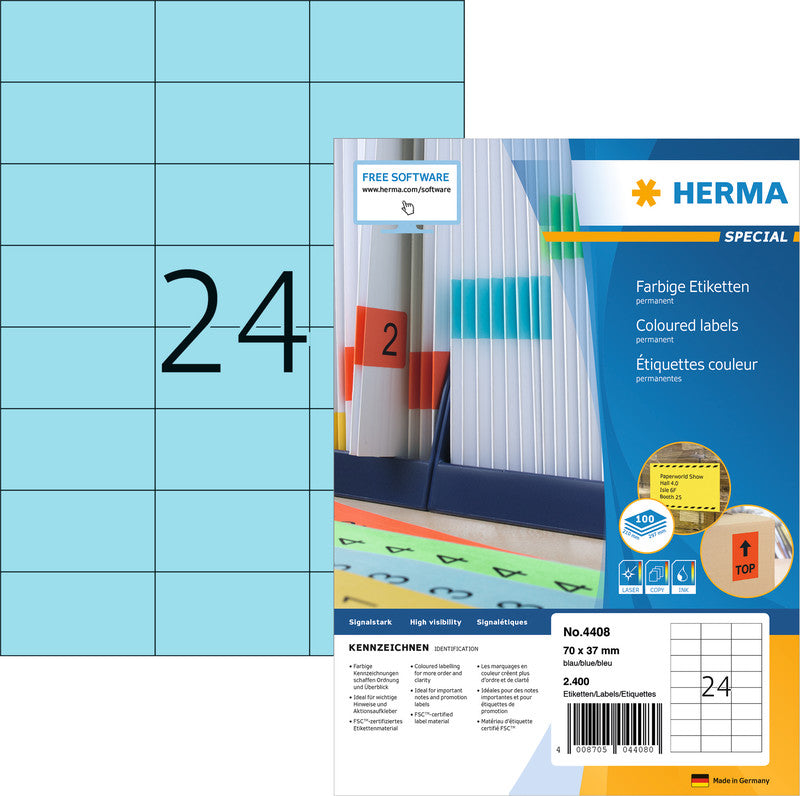 HERMA Druckeretiketten, 70 mm × 37 mm, blau, Papier, permanent haftend, 100 Blatt