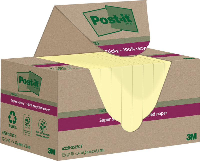 Post-it Haftnotizen Super Sticky – 47,6×47,6 mm – Gelb, 12×70 Blatt, PEFC
