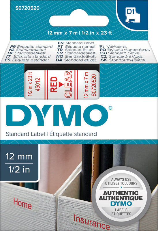DYMO Schriftband – 12 mm × 7 m, transparent, rot – für LabelPoint 200, 250, 300, u. a. – D1
