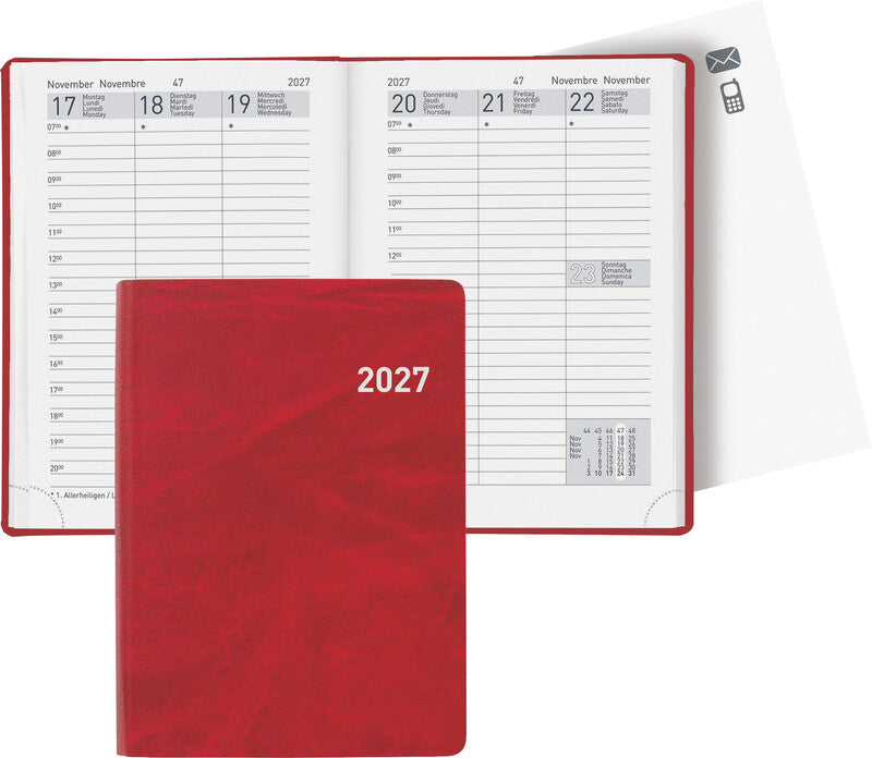 Biella Rex Agenda – 1 Woche/2 Seiten, gebunden, 10,1 × 14,2 cm, 2027, Rot, FSC