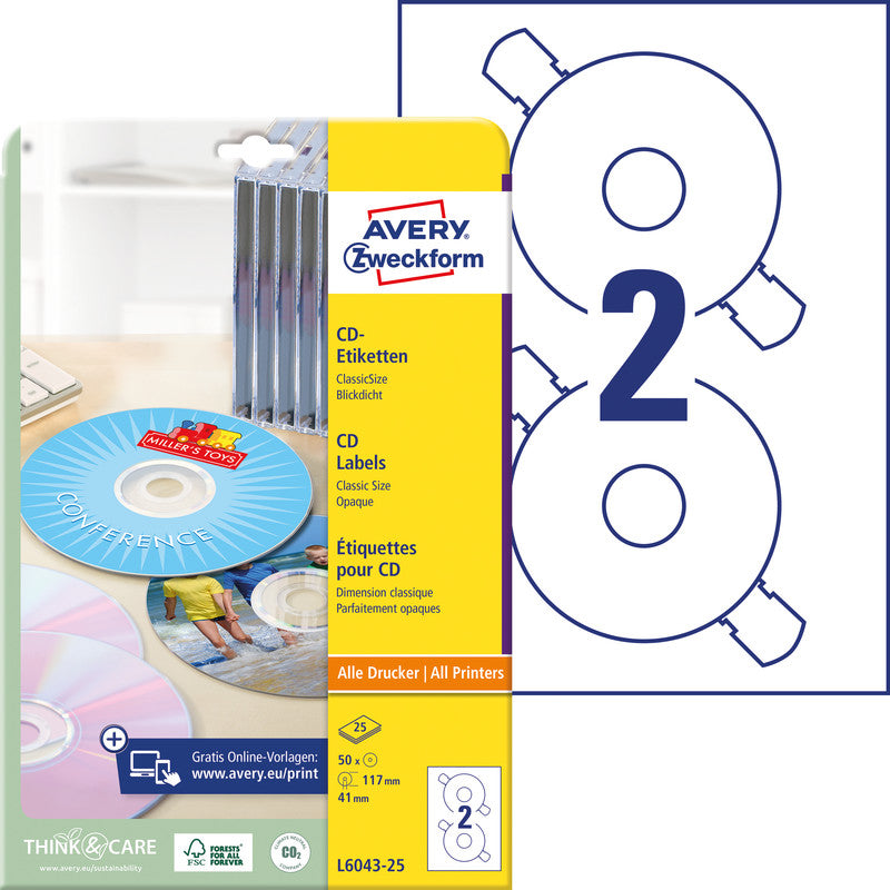 Avery CD-/DVD-Etiketten, Ø 117 mm, weiss, Papier, permanent, 50 Etiketten (25 Blatt)