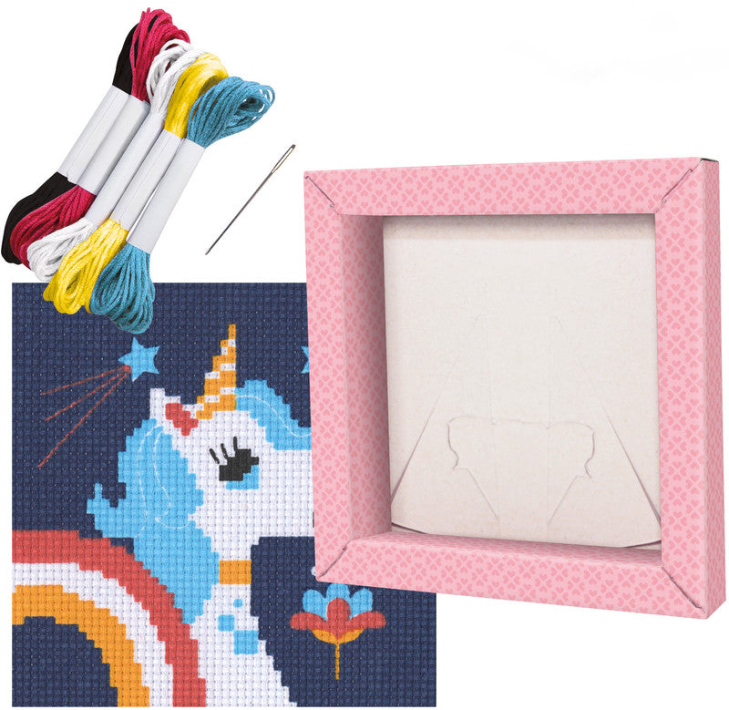 Avenue Mandarine – Kreuzstich Bastelset Einhorn – 6–10 Jahre – 5 Nähgarne – 140 × 140 × 20 mm