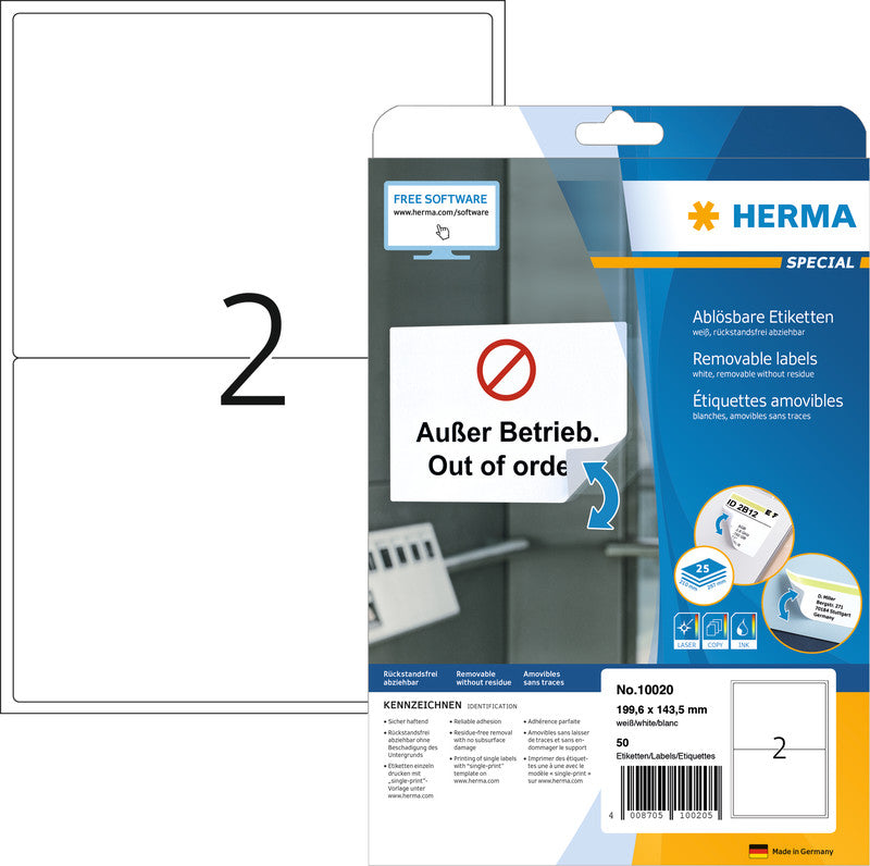 HERMA Etiketten auf Bogen, 200 mm × 144 mm, weiss, Papier, ablösbar, 25 Blätter (50 Etiketten)
