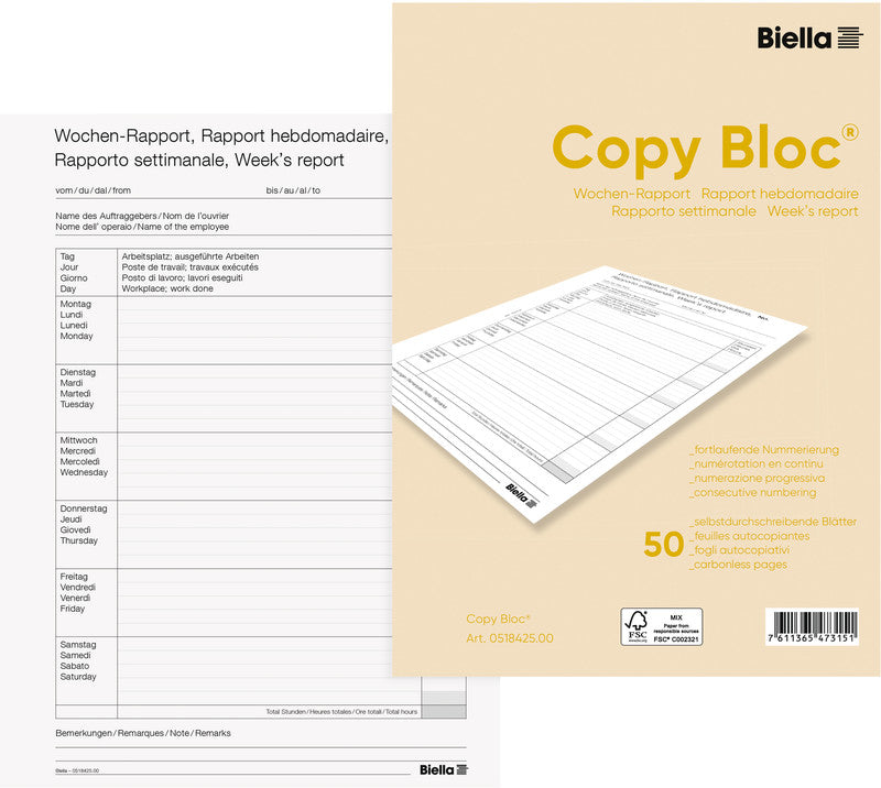 Biella Formularblock – Wochen-Rapporte, mehrsprachig, 50 Blatt, A4