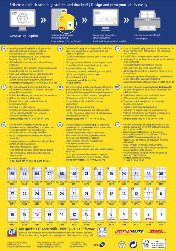 Avery Etiketten auf Bogen, 70 mm × 36 mm, weiss, Papier, permanent, 2400 Etiketten (100 Blatt)