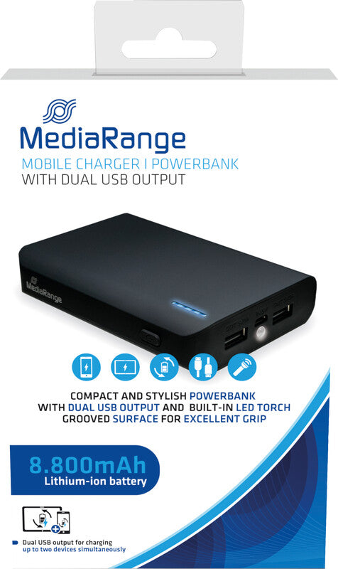 MediaRange Powerbank 8800 mAh, 2× USB-A, 15 W, Schwarz