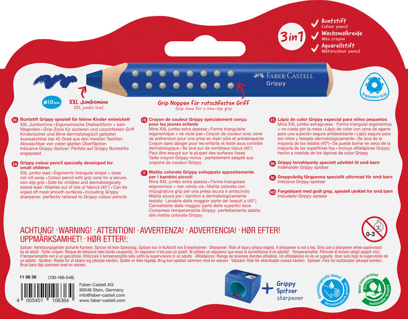 Faber-Castell 3-in-1 Farbstifte Grippy – 10 Farben, im Kartonetui, mit Spitzer, Ø 3 mm, dreikantig