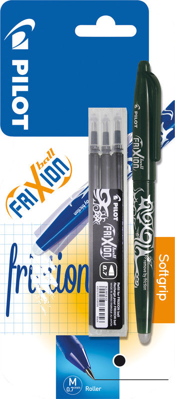 Pilot FriXion Ball – radierbarer Tintenroller-Set, mit Kappe, 0,7 mm, schwarz, für Linkshänder, 4er Etui