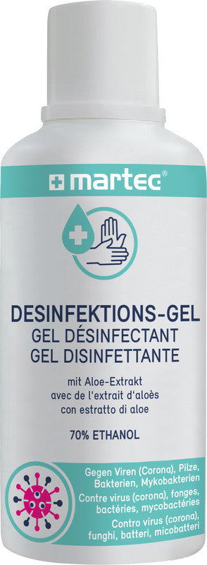 MARTEC Händedesinfektionsgel – Kunststoff, weiss, 70 × 190 × 70 mm (B×H×T), 500 ml, hautverträglich