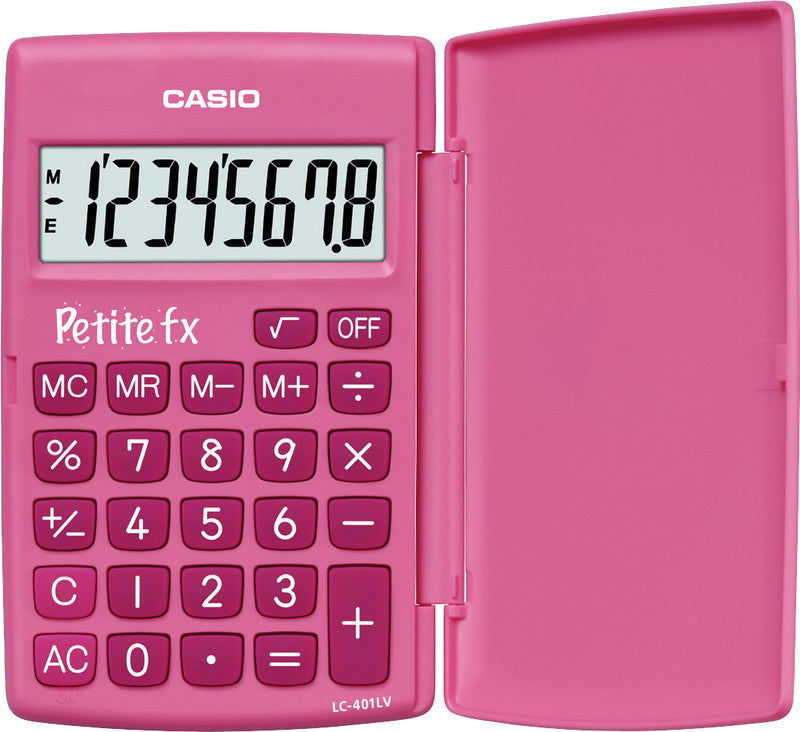 Casio Taschenrechner Petite fx LC-401LV – 8-stellig, Prozent/Wurzel, Batterie, Pink, 75×120×10 mm