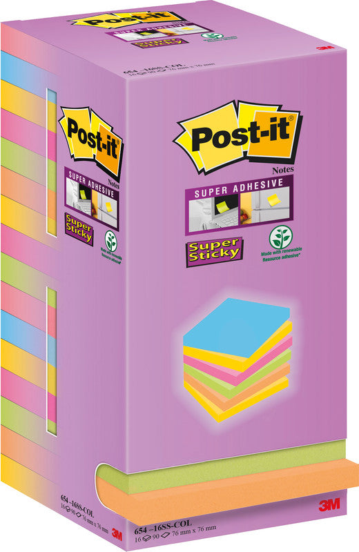 3M Post-it Haftnotizen Super Sticky – 76×76 mm – sortiert, 16×90 Blatt, PEFC