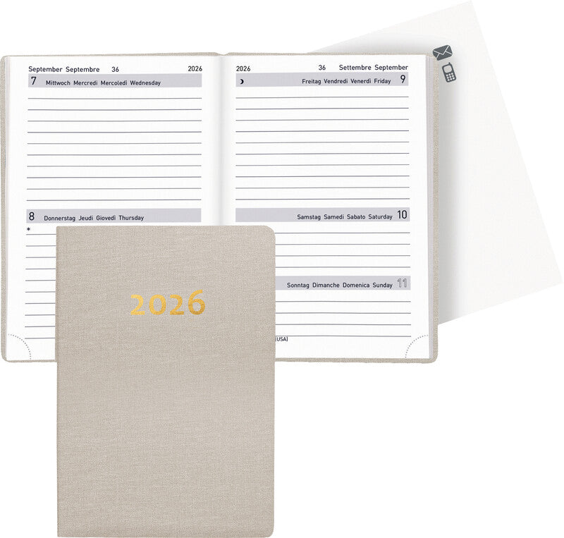 Biella Tell Agenda – 2 Tage pro Seite, gebunden, 8,5 × 12,5 cm, 2026, mehrsprachig, beige, FSC