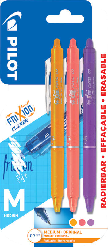 Pilot FriXion Ball Clicker – radierbares Tintenroller-Set, 0,7 mm, apricot/orange/lila, 3er Etui
