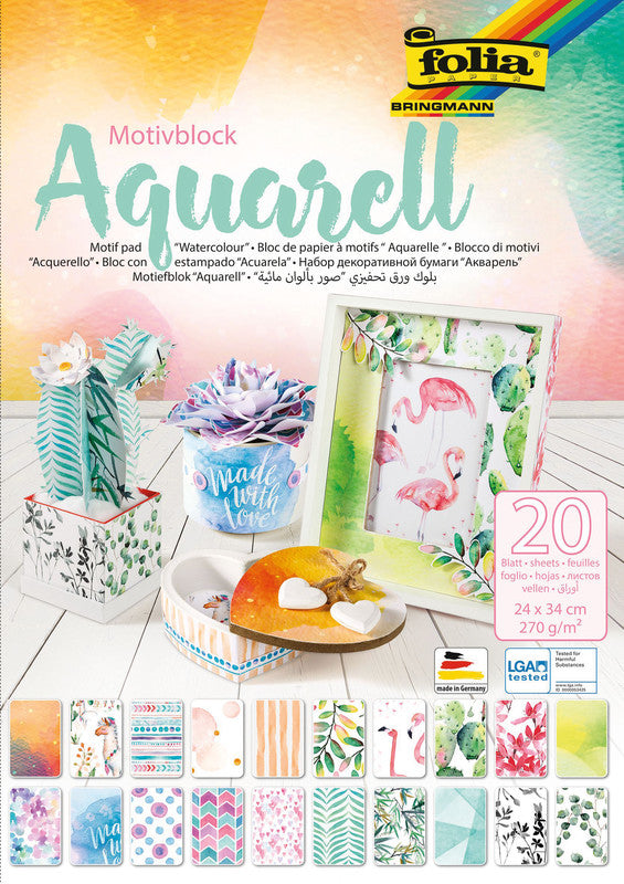 Folia Motivkartonblock Aquarell – 240 × 340 mm – 270 g/m² – sortiert – 20 Blatt