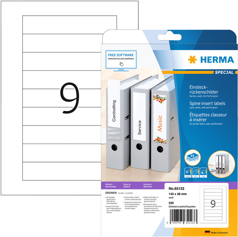 HERMA Schuletiketten – für Rückenbreite 4 cm – 28×143 mm, 225 Stk, 25 Bogen, Papier, nicht klebend