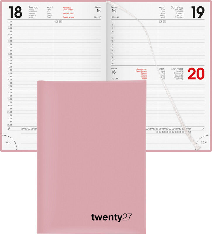 Biella Bunte Agenda – 1 Tag pro Seite, gebunden, 14,5 × 20,5 cm, 2027, ½-Stunden-Takt, Rosa, FSC