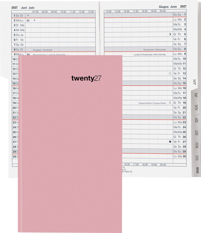 Biella Luzern Agenda – 1 Monat/2 Seiten, geheftet, 8,7 × 15,3 cm, 15 Monate Okt–Dez, mehrsprachig, rosa, FSC