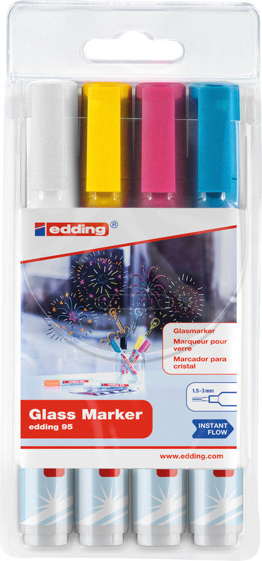Edding Non-Permanent-Marker Glasboard 95 – Rundspitze 1,5-3 mm – Sortiert – 4er-Set – Trocken abwischbar
