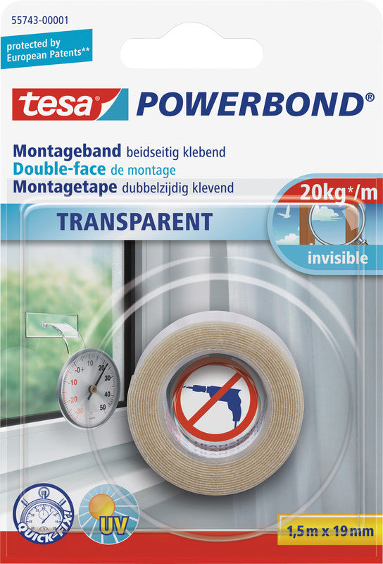 Tesa Powerbond Montageband, stark, für glatte Oberflächen – 19 mm × 1,5 m, transparent, bis 2 kg/10 cm