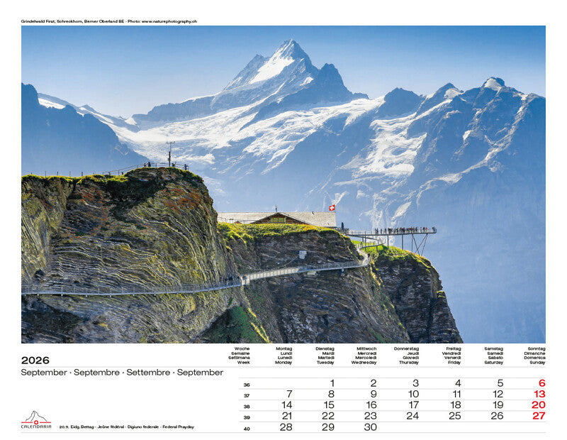 Calendaria Bildkalender Swiss Panorama 2026 – 40 × 31 cm – mit Aufhänger, mit Kartonrückwand