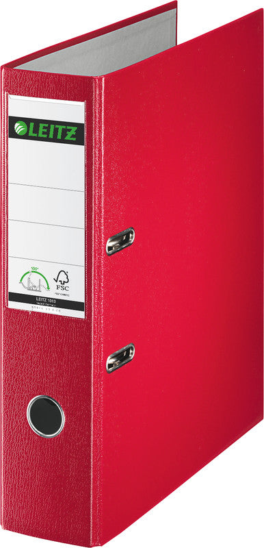 Leitz Ordner – A4 Hochformat – 2-Ring Hebelmechanik, Rücken 80 mm – Rot, Karton, mit Niederhalter, FSC