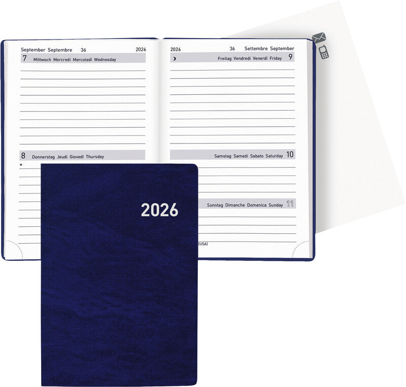 Biella Tell Agenda – 2 Tage pro Seite, gebunden, 8,5 × 12,5 cm, 2026, dunkelblau, FSC