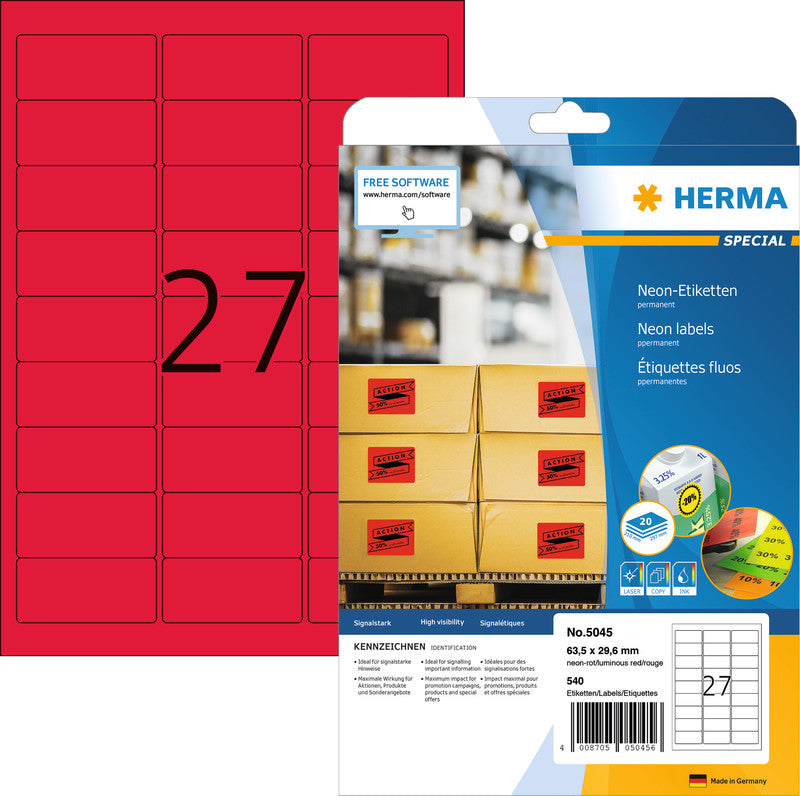 HERMA Etiketten (A4-Bögen), 63,5 mm × 29,6 mm, Neonrot, Papier, Permanent, 540 Etiketten (20 Blatt)