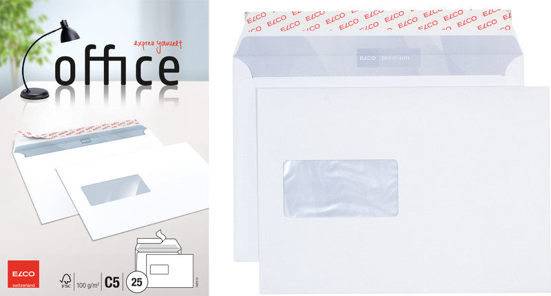 Elco Couvert C5, Fenster links, Haftklebung, hochweiss, 100 g/m², mit Innendruck – 25 Stk.