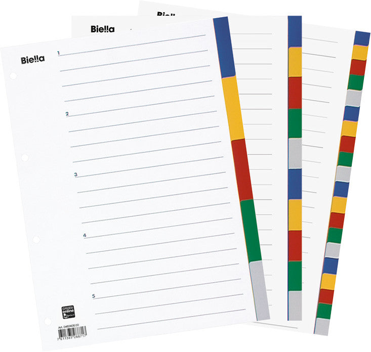 Biella Register – A4, 10-teilig, PP, farbig, unbedruckt, Indexblatt aus Karton, 4-fach gelocht