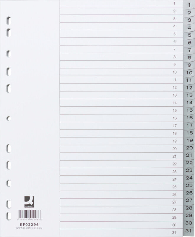 Q-CONNECT Register – für A4 überbreit, Kunststoff (PP), 1–31, 31-teilig, grau, 11-fach