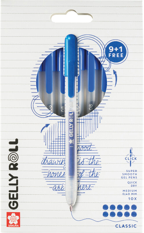 Sakura Classic Gelschreiber 10er Etui – Blau, 0,4 mm, schnelltrocknend, für dunkles Papier, Kappe