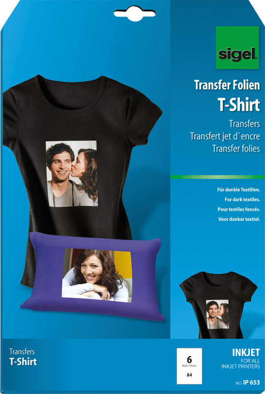 Sigel Transferpapier – für Inkjetdrucker, für dunkle Textilien, A4 (210×297 mm), bis 40 °C, 6 Blatt