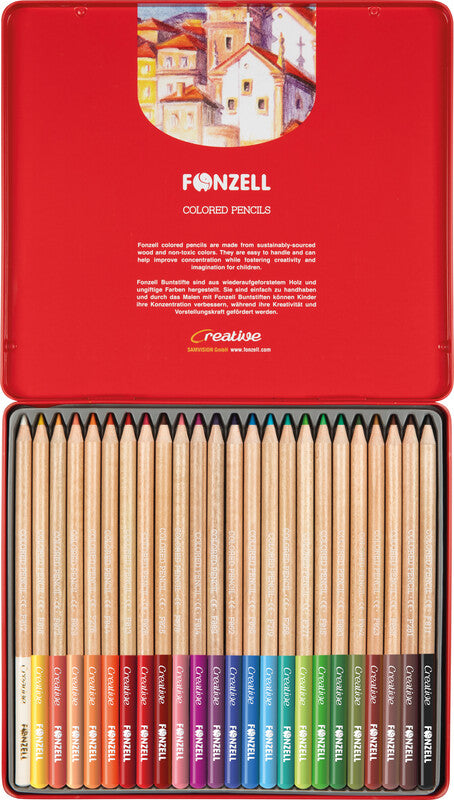 Fonzell Creative Farbstifte-Set – 24 Farben, rund, Mine Ø 3,3 mm, Metallschachtel