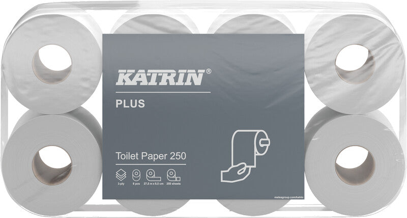 Katrin Plus Toilettenpapier – 3-lagig, weiss, 500 Blatt/Rolle, 95 × 110 mm – 8 Rollen