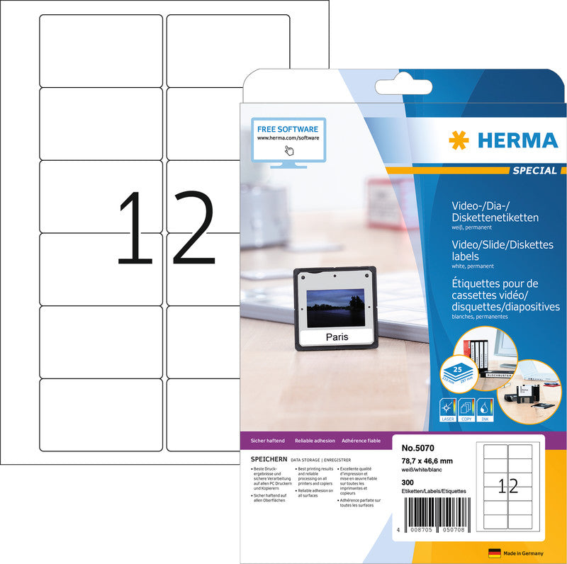 HERMA Druckeretiketten, 147 mm × 20 mm, weiss, permanent, für Video-VHS (Rücken), 25 Blatt (325 Etiketten)